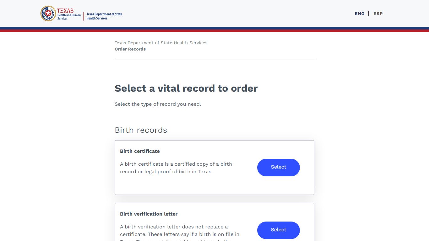 Select Vital Record to Order | DSHS Official Application | Texas.gov